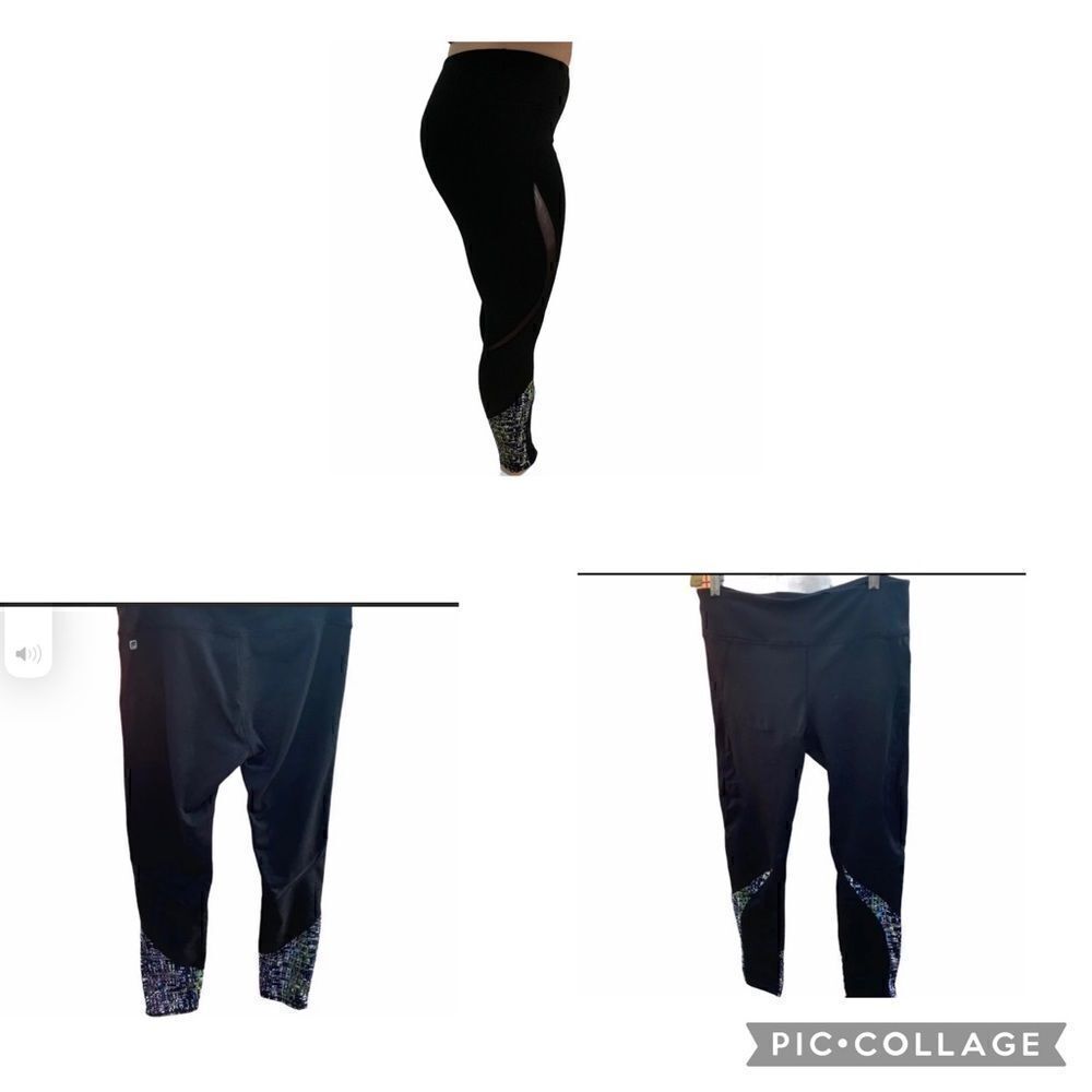 Fabletics Black Athletic Leggings Sheer Panels Green Purple Trim in Medium‎